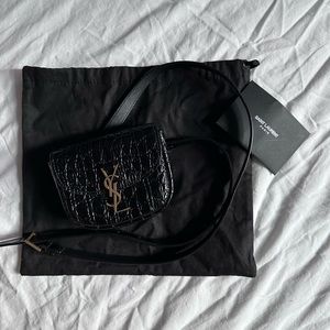 SAINT LAURENT KAIA BLACK LEATHER CROC EMBOSSED MINI BELT BAG
